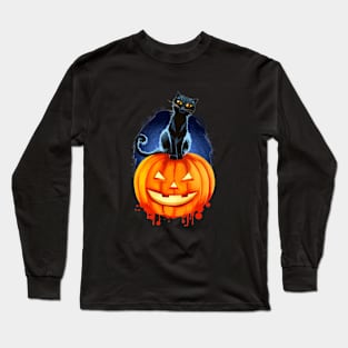 Cat on Pumpkin Drawing Long Sleeve T-Shirt